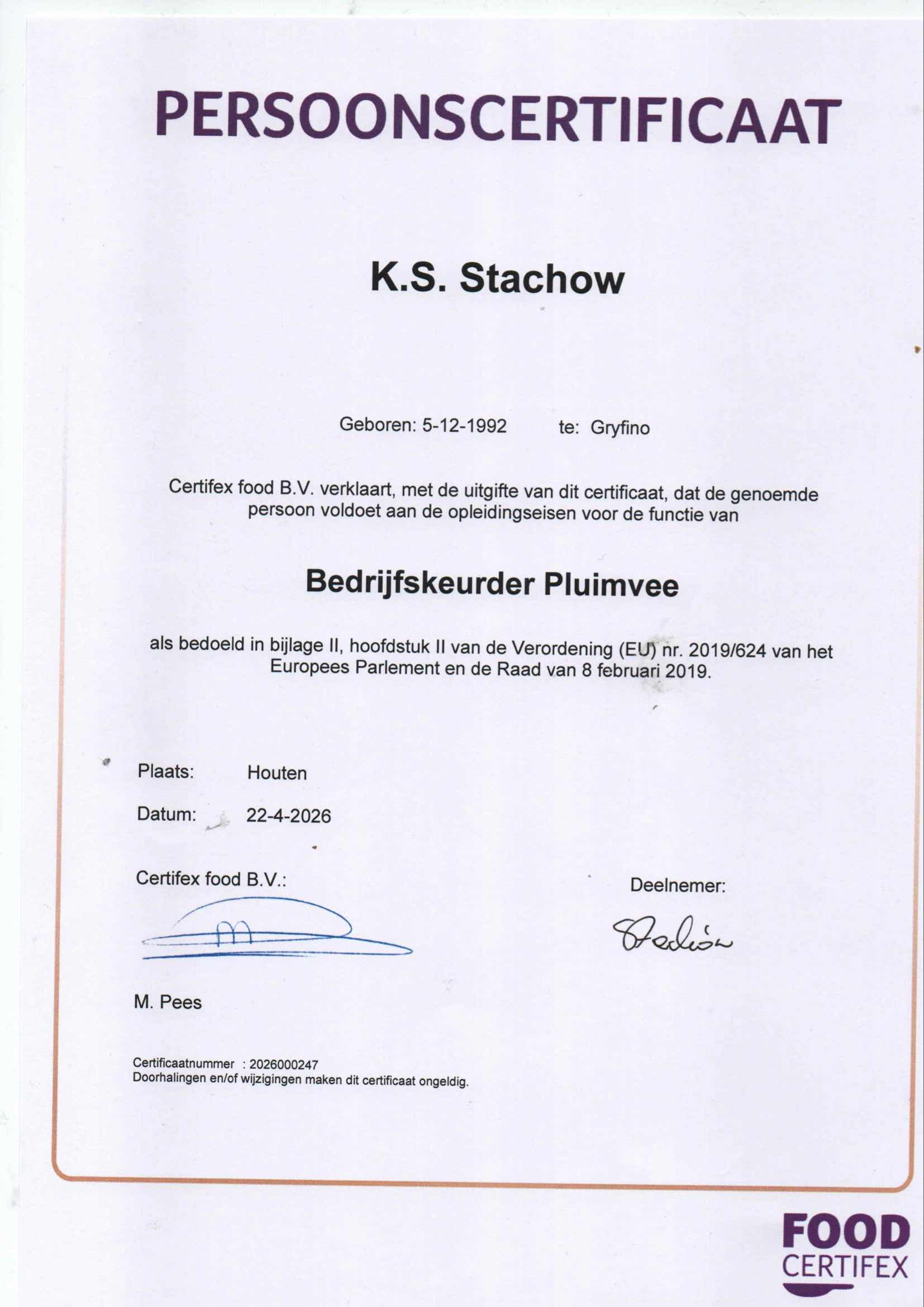 Persoonscertificaat Bedrijfskeurder Pluimvee — K.S. Stachow